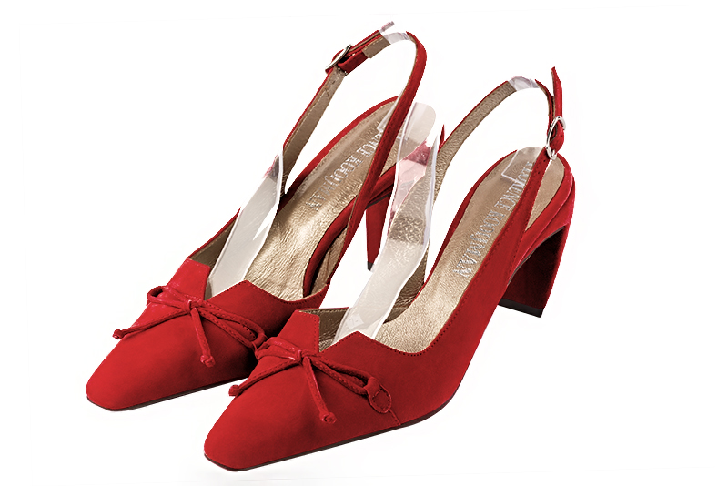 Scarlet red women's open back shoes, with a knot. Tapered toe. High comma heels. Front view - Florence KOOIJMAN